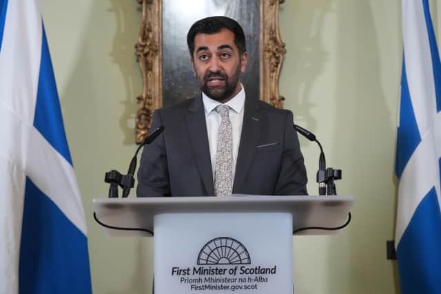 First Minister Humza Yousaf speaks during a press conference at Bute House, his official residence in Edinburgh where he said he will resign as SNP leader and Scotland's First Minister, avoiding having to face a no confidence vote in his leadership.