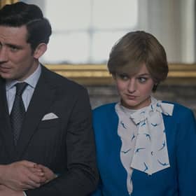 Josh O'Connor and Emma Corrin as Charles and Diana at the moment they announce their engagement in The Crown