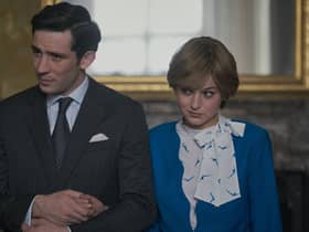 Josh O'Connor and Emma Corrin as Charles and Diana at the moment they announce their engagement in The Crown