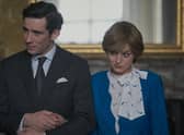 Josh O'Connor and Emma Corrin as Charles and Diana at the moment they announce their engagement in The Crown