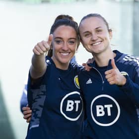 Scotland Women players Lisa Evans and Martha Thomas. (Photo by Paul Devlin / SNS Group)