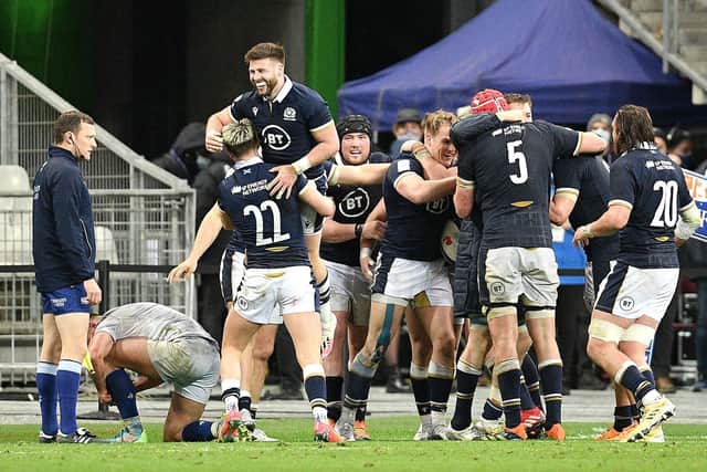 Celebrations begin for Scotland after Duhan van der Merwe's late, late try. Picture: PA Wire via ABACA
