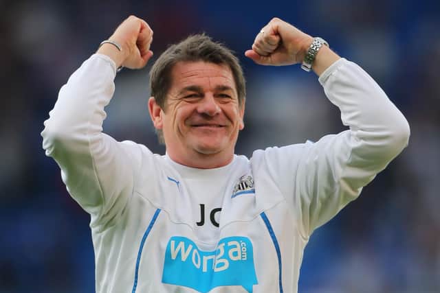 John Carver, in his Newcastle United coaching days, celebrates a Premier League win over Cardiff City