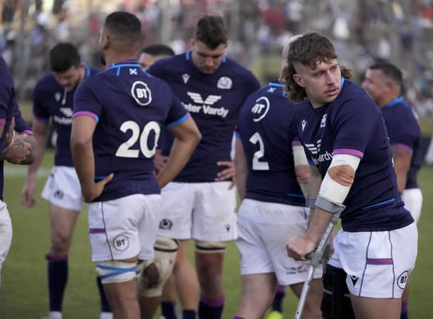 Kyle Rowe suffered a serious knee injury on his Scotland debut against Argentina. (AP Photo/Natacha Pisarenko)