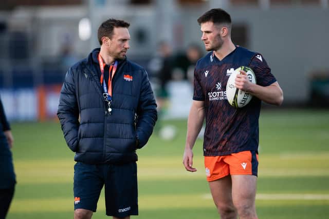 Edinburgh centre Matt Curie, pictured right with head coach Mike Blair, impressed in the win over Pau.  (Photo by Paul Devlin / SNS Group)