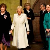 Queen Camilla arrives to attend a Musical Evening at Salisbury Cathedra (Photo by KIRSTY WIGGLESWORTH/POOL/AFP via Getty Images)