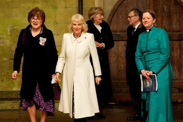 Queen Camilla arrives to attend a Musical Evening at Salisbury Cathedra (Photo by KIRSTY WIGGLESWORTH/POOL/AFP via Getty Images)