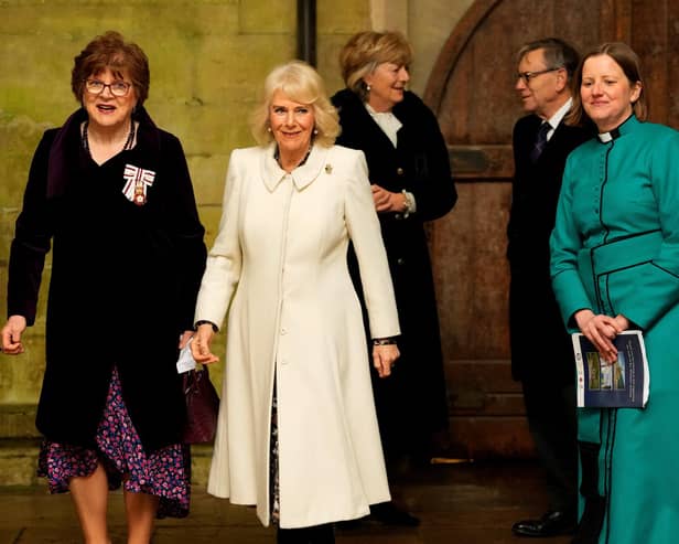 Queen Camilla arrives to attend a Musical Evening at Salisbury Cathedra (Photo by KIRSTY WIGGLESWORTH/POOL/AFP via Getty Images)