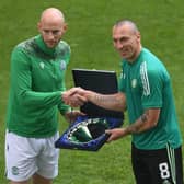 David Gray presents Scott Brown with a gift on his last Celtic appearence, which came against Hibs at Easter Road on May 2021. (Photo by Craig Foy / SNS Group)