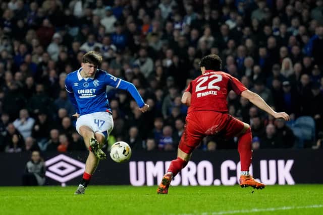 Rangers' Mikey Moore scores at Ibrox against Aberdeen on Saturday. (Photo by Andrew Milligan/PA Wire)