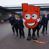 Pupils from Midmill Primary School with Strider, Living Streets' mascot.