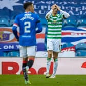 Nir Bitton reacts to referee Bobby Madden's decision after being sent off at Ibrox for taking down Alfredo Morelos. Picture: SNS
