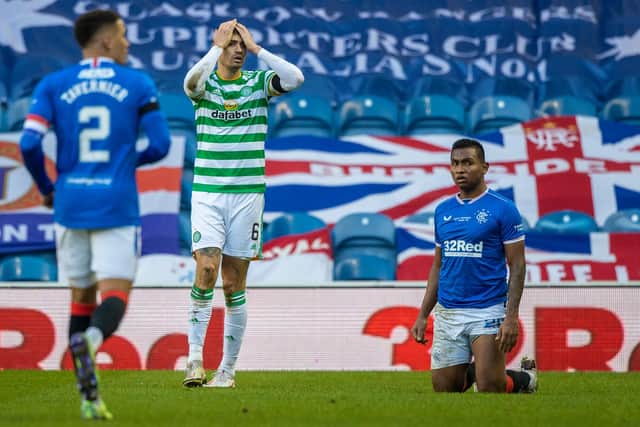 Nir Bitton reacts to referee Bobby Madden's decision after being sent off at Ibrox for taking down Alfredo Morelos. Picture: SNS