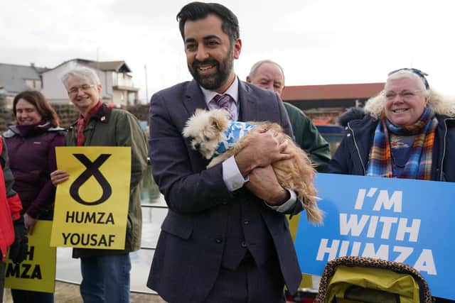 SNP leadership candidate Humza Yousaf during a visit to Arbroath Harbour, Angus, located near to where the Declaration of Arbroath is believed to have been written in 1320.