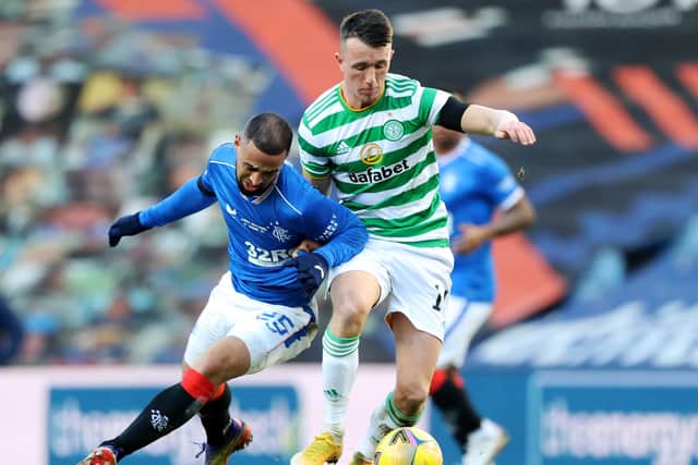 Celtic's David Turnbull (and Rangers' Kemar Roofe tussle in the January derby at Ibrox - now Eddie Howe could face two such monster assignments in his opening month. (Photo by Craig Williamson/SNS Group).