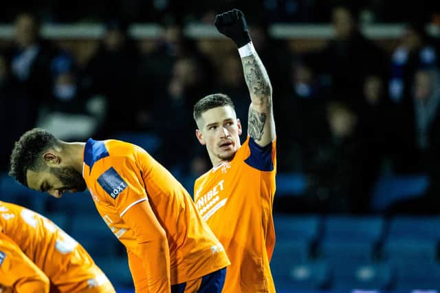 Ryan Kent celebrates after putting Rangers 2-1 ahead against Kilmarnock at Rugby Park. (Photo by Alan Harvey / SNS Group)