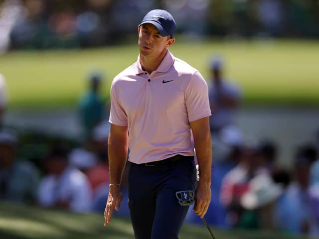 Rory McIlroy reacts after missing a putt on the sixth green during the third round of the 2024 Masters Tournament at Augusta National Golf Club. Picture: Jamie Squire/Getty Images.
