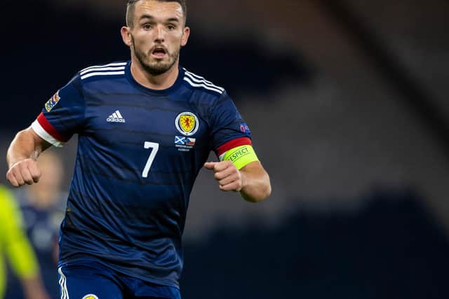 John McGinn in action for Scotland during the Nations League match between Scotland and Czech Republic at Hampden Park on October 14 2020 (Photo by Craig Williamson / SNS Group)