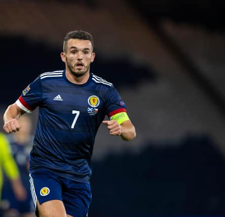 John McGinn in action for Scotland during the Nations League match between Scotland and Czech Republic at Hampden Park on October 14 2020 (Photo by Craig Williamson / SNS Group)