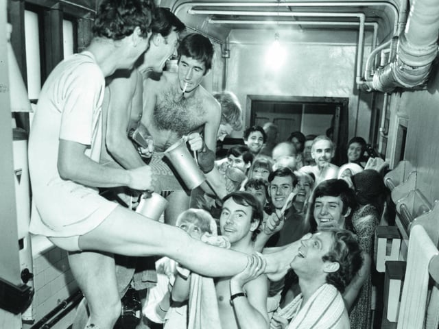 Washing off greasepaint backstage at the Assembly Hall with the Pop Theatre company at the Edinburgh Festival Fringe in 1966, including (third from left) actor Jim Dale.