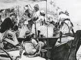 A British naval officer overhauling an Arab dhow in Zanzibar during attempts by Great Britain to put an end to the slave trade, circa 1870. (Photo by Hulton Archive/Getty Images)