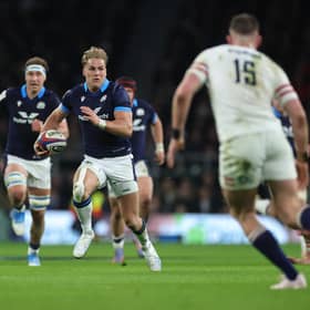 Scotland's Duhan van der Merwe breaks with the ball to score his World Rugby award nominated try in the win over England at Twickenham in February. (Photo by David Rogers/Getty Images)