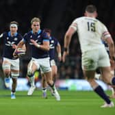 Scotland's Duhan van der Merwe breaks with the ball to score his World Rugby award nominated try in the win over England at Twickenham in February. (Photo by David Rogers/Getty Images)