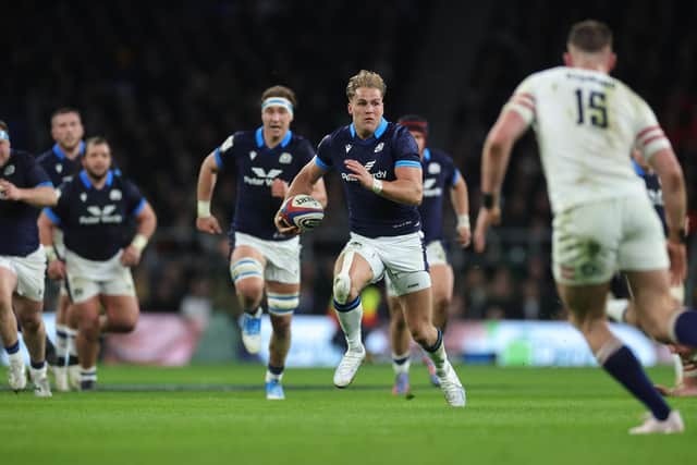 Scotland's Duhan van der Merwe breaks with the ball to score his World Rugby award nominated try in the win over England at Twickenham in February. (Photo by David Rogers/Getty Images)