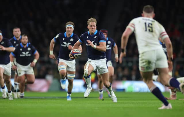 Scotland's Duhan van der Merwe breaks with the ball to score his World Rugby award nominated try in the win over England at Twickenham in February. (Photo by David Rogers/Getty Images)