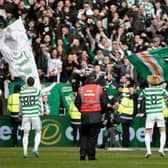 Kyogo Furuhashi led Celtic's post-match celebration with the north curve fans section. (Photo by Craig Williamson / SNS Group)