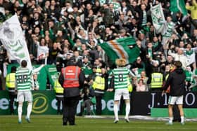 Kyogo Furuhashi led Celtic's post-match celebration with the north curve fans section. (Photo by Craig Williamson / SNS Group)