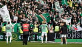 Kyogo Furuhashi led Celtic's post-match celebration with the north curve fans section. (Photo by Craig Williamson / SNS Group)