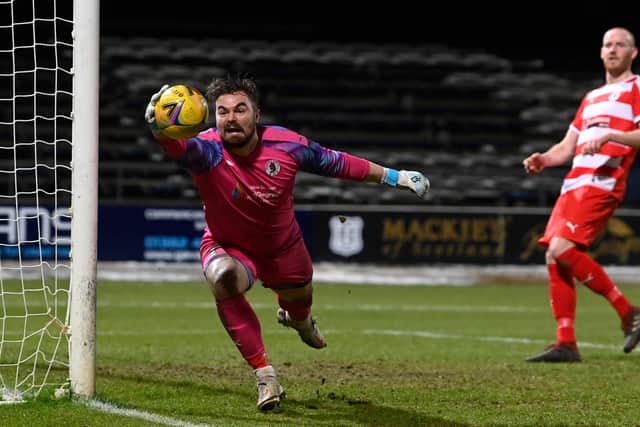 Bonnyrigg Rose goalkeeper Mark Weir makes one of several saves against Dundee in the Scottish Cup thriller at Dens Park (Photo by Rob Casey / SNS Group)