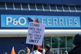 Protestors demonstrate against P&O Ferries after making hundreds of staff redundant without union consultation in 2022 (Photo by Ian Forsyth/Getty Images)