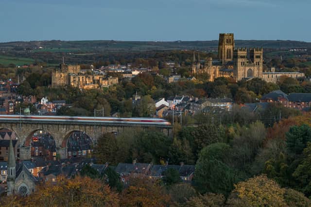 Durham Cathedral viewed from the train. The stretch of line between Edinburgh and Durham has been voted one of the Top 10 most beautiful rail journeys in the world.