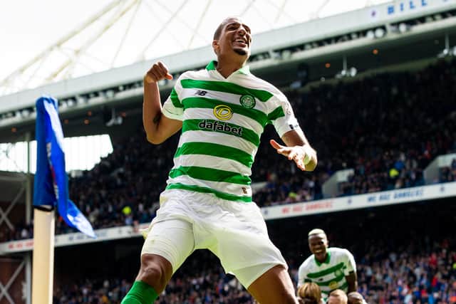 Celtic's Christopher Jullien celebrates his teammate Jonny Hayes' goal as victory was assured in his derby debut in September, 2019, in Glasgow (Photo by Craig Williamson / SNS Group)