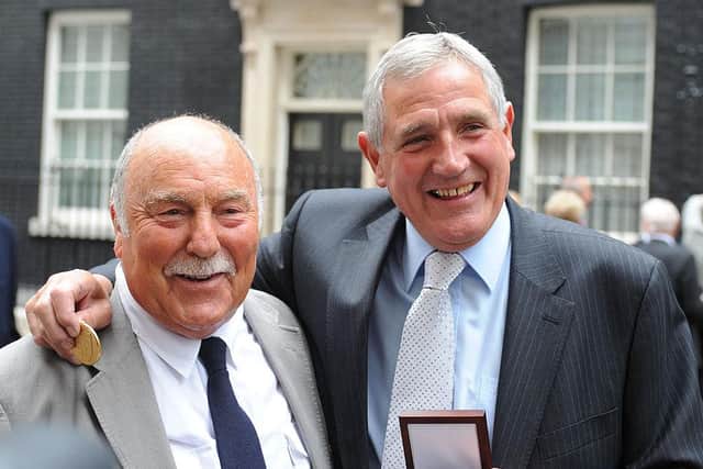 Jimmy Greaves and Norman Hunter with medals for being part of the 1966 World Cup winning England squad. (Photo by Ian Nicholson/WPA Pool/Getty Images)