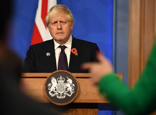 Prime Minister Boris Johnson at a press conference in Downing Street.