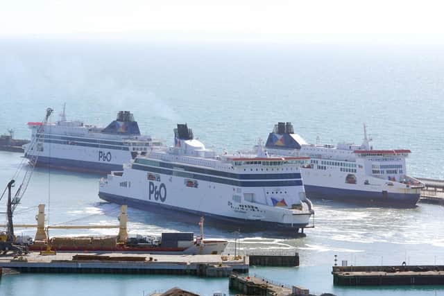 Three P&O ferries, Spirit of Britain, Pride of Canterbury and Pride of Kent moor up in the cruise terminal at the Port of Dover in Kent as the company has suspended sailings ahead of a "major announcement" but insisted it is "not going into liquidation". Photo: Gareth Fuller/PA.