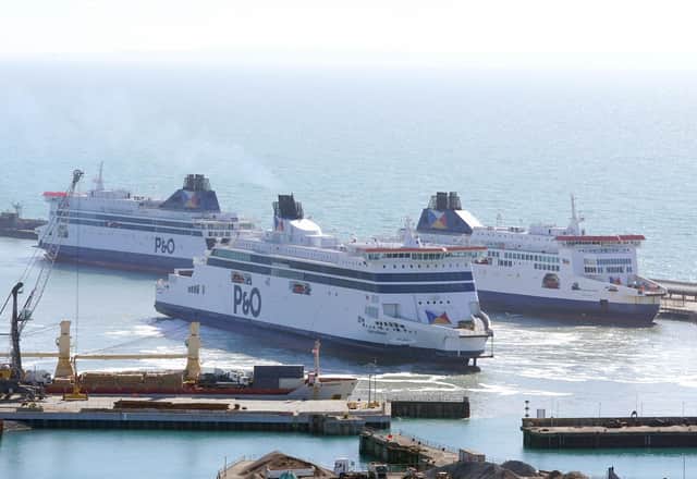 Three P&O ferries, Spirit of Britain, Pride of Canterbury and Pride of Kent moor up in the cruise terminal at the Port of Dover in Kent as the company has suspended sailings ahead of a "major announcement" but insisted it is "not going into liquidation". Photo: Gareth Fuller/PA.