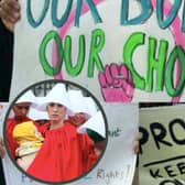 Signs made for a pro-choice protest in Glasgow in 2018 and a picture of a pro-choice activist dressed as a handmaid from the book and series The Handmaid's Tale. Demonstrators in Poland have been dressing as handmaids in the recent protests following the new ban. Picture: JPI Media