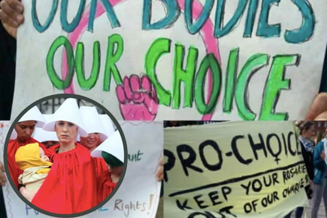 Signs made for a pro-choice protest in Glasgow in 2018 and a picture of a pro-choice activist dressed as a handmaid from the book and series The Handmaid's Tale. Demonstrators in Poland have been dressing as handmaids in the recent protests following the new ban. Picture: JPI Media