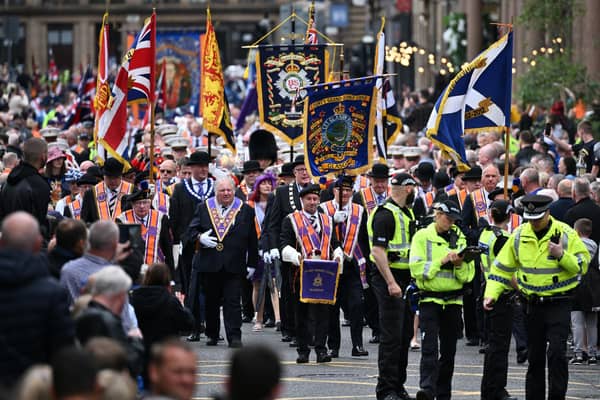 Members of the Orange Order take part in the traditional annual Battle of the Boyne celebrations. Picture: Jeff J Mitchell/Getty Images