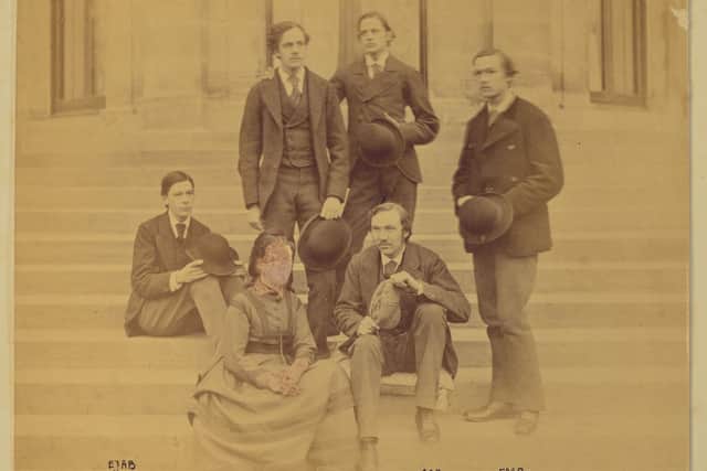 The Balfour family on the steps of Whittingehame House with the mystery woman whose face has been blacked out.