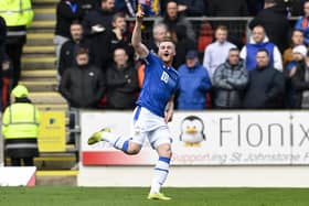 St Johnstone's James Brown scoring his maiden career goal in the 2-0 win over Rangers. (Photo by Rob Casey / SNS Group)
