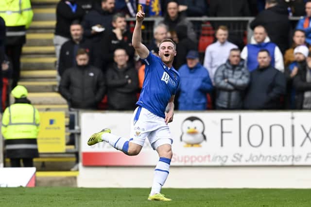 St Johnstone's James Brown scoring his maiden career goal in the 2-0 win over Rangers. (Photo by Rob Casey / SNS Group)