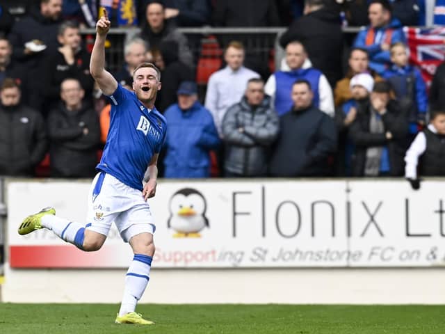 St Johnstone's James Brown scoring his maiden career goal in the 2-0 win over Rangers. (Photo by Rob Casey / SNS Group)