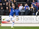 St Johnstone's James Brown scoring his maiden career goal in the 2-0 win over Rangers. (Photo by Rob Casey / SNS Group)