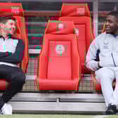 Rangers manager Steven Gerrard talking to Nnamdi Ofoborh of Rangers' before the pre-season at Firhill Stadium, Glasgow.