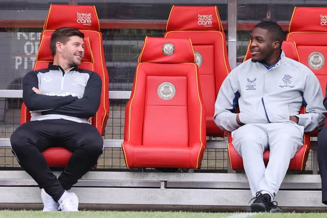 Rangers manager Steven Gerrard talking to Nnamdi Ofoborh of Rangers' before the pre-season at Firhill Stadium, Glasgow.